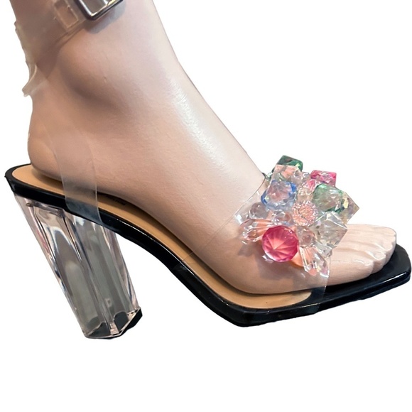 Rouge Helium Shoes Sandals Clear Acrylic Block High Heel Multi Color Peek Toe - Picture 4 of 9